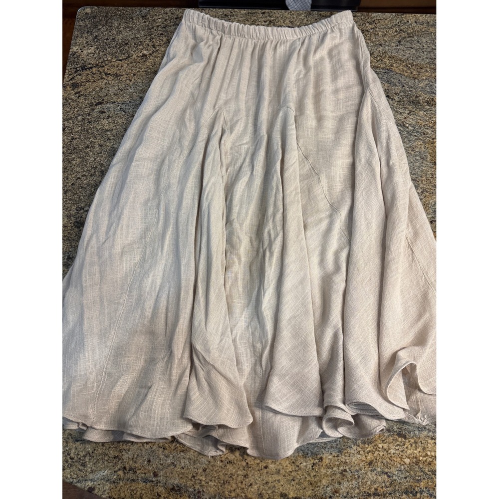 Free People Beige Linen Blend Elastic Waist Flared Midi Skirt Small Boho Casual